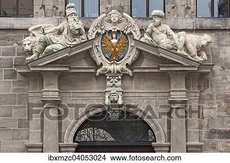 Portal der Westfassade, kleines Nurnberger Stadtwappen, rechts und links biblische Skulpturen von Leonhard Kern, Rathaus, Renaissancebau 1616-1622, Nurnberg, Mittelfranken, Bayern, Deutschland, Europa View Large Photo Image Picture - Portal der Westfassade, kleines Nurnberger Stadtwappen, rechts und links biblische Skulpturen von Leonhard Kern, Rathaus, Renaissancebau 1616-1622, Nurnberg, Mittelfranken, Bayern, Deutschland, Europa. Fotosearch