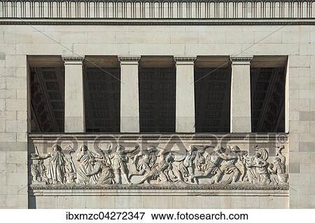 Stock Photo - Propylaen, Relief am Nordturm, Architekt Leo von Klenze, Konigsplatz, Munchen, Bayern, Oberbayern, Deutschland, Europa. Fotosearch