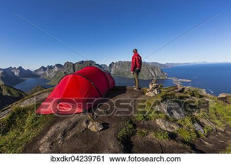 Stock Image - Rotes zelt auf dem Reinebringen, Reinebriggen, Ausblick auf den Reinefjord mit Bergen, Moskenes, Moskenesoy, Lofoten, Norwegen, Europa. Fotosearch