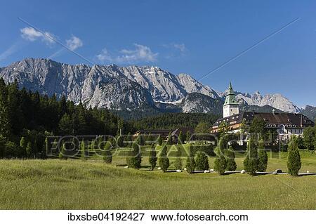 Stock Photo - Schloss Elmau, Schlosshotel, Wettersteingebirge, Klais, Krun, Werdenfelser Land, Oberbayern, Bayern, Deutschland, Europa. Fotosearch