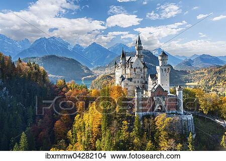 Schloss Neuschwanstein im Herbst, hinten Alpsee, Schwangau, Ostallgau, Allgau, Schwaben, Oberbayern, Bayern, Deutschland, Europa View Large Photo Image Picture - Schloss Neuschwanstein im Herbst, hinten Alpsee, Schwangau, Ostallgau, Allgau, Schwaben, Oberbayern, Bayern, Deutschland, Europa. Fotosearch