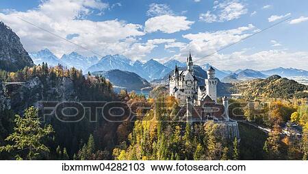 Stock Image - Schloss Neuschwanstein im Herbst, hinten Alpsee, Schwangau, Ostallgau, Allgau, Schwaben, Oberbayern, Bayern, Deutschland, Europa. Fotosearch