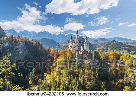 Stock Photography - Schloss Neuschwanstein im Herbst, hinten Alpsee, Schwangau, Ostallgau, Allgau, Schwaben, Oberbayern, Bayern, Deutschland, Europa. Fotosearch