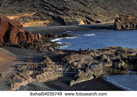 Schwarzer Strand bei Vulkankrater El Golfo, Lanzarote, Kanarische Inseln, Spanien, Europa View Large Photo Image Stock Photo - Schwarzer Strand bei Vulkankrater El Golfo, Lanzarote, Kanarische Inseln, Spanien, Europa. Fotosearch