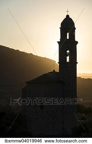 Silhouette eines Kirchturms, Abendstimmung, Haute-Corse, Korsika, Frankreich, Europa View Large Photo Image Stock Photograph - Silhouette eines Kirchturms, Abendstimmung, Haute-Corse, Korsika, Frankreich, Europa. Fotosearch