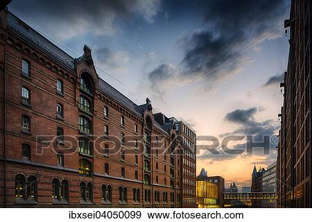 Speicherstadt zur blauen Stunde, Hamburg, Deutschland, Europa View Large Photo Image Stock Photo - Speicherstadt zur blauen Stunde, Hamburg, Deutschland, Europa. Fotosearch