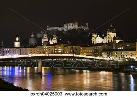 Stadtansicht, Ausblick uber die Salzach, mit Festung Hohensalzburg und Dom, Nachtaufnahme, Salzburg, Osterreich, Europa View Large Photo Image Stock Image - Stadtansicht, Ausblick uber die Salzach, mit Festung Hohensalzburg und Dom, Nachtaufnahme, Salzburg, Osterreich, Europa. Fotosearch