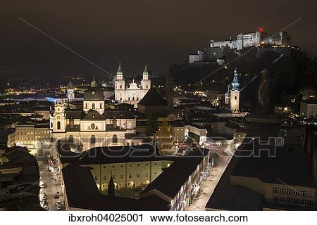 Stadtansicht mit Festung Hohensalzburg, Kollegienkirche und Dom, Nachtaufnahme, Salzburg, Osterreich, Europa View Large Photo Image Stock Image - Stadtansicht mit Festung Hohensalzburg, Kollegienkirche und Dom, Nachtaufnahme, Salzburg, Osterreich, Europa. Fotosearch