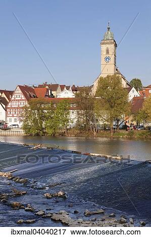 Stock Photo - Stadtansicht mit Stadtkirche Sankt Laurentius, Neckar, Nurtingen, Baden-Wurttemberg, Deutschland, Europa. Fotosearch