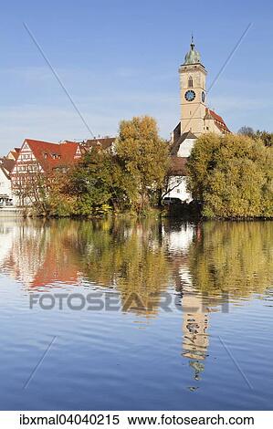 Stock Photography - Stadtansicht mit Stadtkirche Sankt Laurentius, Neckar, Nurtingen, Baden-Wurttemberg, Deutschland, Europa. Fotosearch