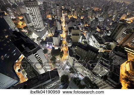 Stock Photo - Strassenschlucht, von oben, Hochhauser, Nacht, Sao Paulo, Brasilien, Sudamerika. Fotosearch