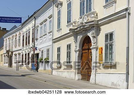 Stock Photo - Strassenzug mit Haydn-Haus in Joseph-Haydn-Gasse, Altstadt, Eisenstadt, Burgenland, Osterreich, Europa. Fotosearch