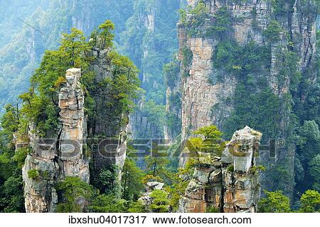 Stock Photo - Tianzishan Berg mit senkrechten Felssaulen aus Quarzsandstein, Zhangjiajie Nationalpark, Provinz Hunan, China, Asien. Fotosearch