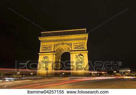 Stock Photography - Triumphbogen, Arc de Triomphe bei Nacht mit Lichtspuren, Place Charles de Gaulle, Paris, Ile-de-France, Frankreich, Europa. Fotosearch