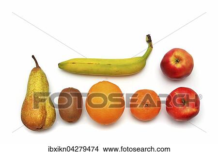 Picture - Verschiedene Obstsorten, Mandarine, Apfel, Birne, Banane, Kiwi, Orange. Fotosearch