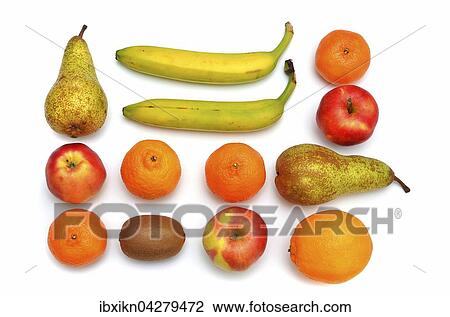 Stock Image - Verschiedene Obstsorten, Mandarine, Apfel, Birne, Banane, Kiwi, Orange. Fotosearch