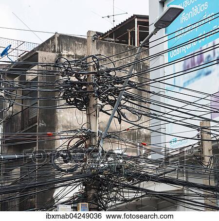 Stock Photograph - Viele Stromleitungen an Strommast, Bangkok, Thailand, Asien. Fotosearch