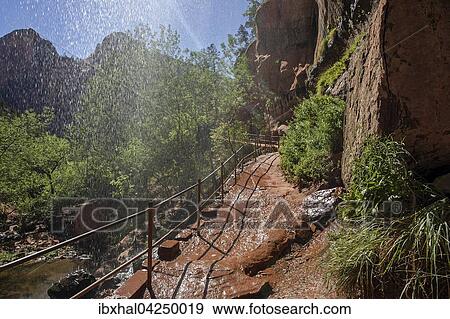 Wasser fallt uber einen uberhangenden Felsen, Emerald Pools Trail, Zion Nationalpark, Utah, USA, Nordamerika View Large Photo Image Stock Photo - Wasser fallt uber einen uberhangenden Felsen, Emerald Pools Trail, Zion Nationalpark, Utah, USA, Nordamerika. Fotosearch