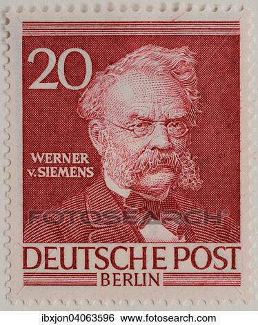 Stock Photograph - Werner von Siemens, deutscher Erfinder und Industrieller, Portrat, deutsche Briefmarke, Berlin, 1952. Fotosearch