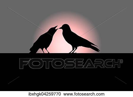 Stock Image - Zwei Raben, Silhouette vor untergehender Sonne. Fotosearch