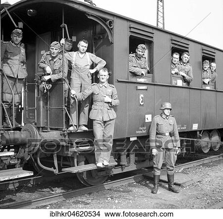 Picture - Approx. 1939, 1941, training Wehrmacht, Wehrmacht soldiers posing on a train, Ulm, Germany, Europe. Fotosearch