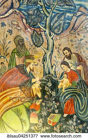 Armenian Apostolic Church, Mural, Adoration of the Magi, Jesus Christ, Mary and Joseph, the Three Wise Men give gifts, Bethlehem Church or Bedkhem Church, Julfa district or Jolfa, Isfahan, Iran, Asia View Large Photo Image Stock Photo - Armenian Apostolic Church, Mural, Adoration of the Magi, Jesus Christ, Mary and Joseph, the Three Wise Men give gifts, Bethlehem Church or Bedkhem Church, Julfa district or Jolfa, Isfahan, Iran, Asia. Fotosearch