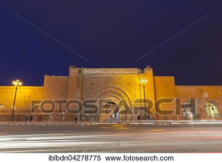 Stock Photography - Bab Agnaou or Bab Er Robb at night, Marrakech, Morocco, Africa. Fotosearch