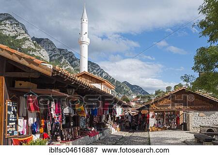 Bazaar Street, Bazaar Mosque, Xhamia e Pazarit, Kruja, Albania, Europe View Large Photo Image Stock Photo - Bazaar Street, Bazaar Mosque, Xhamia e Pazarit, Kruja, Albania, Europe. Fotosearch