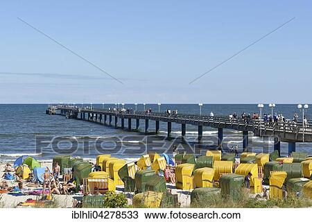 Stock Image - Beach and pier, Binz, Rugen, Mecklenburg-Western Pomerania, Germany, Europe. Fotosearch