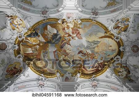 Benedictine Abbey, St. Jakob and Georg Parish Church, Ceiling Fresco Foundation and construction of the monastery, Isny, Baden Württemberg, Germany, Europe View Large Photo Image Stock Photo - Benedictine Abbey, St. Jakob and Georg Parish Church, Ceiling Fresco Foundation and construction of the monastery, Isny, Baden Württemberg, Germany, Europe. Fotosearch