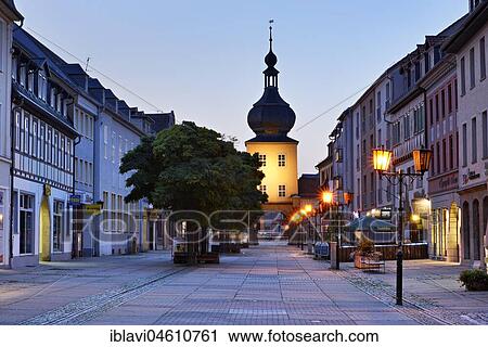 Stock Image - Blankenburger Tor and pedestrian precinct, dusk, Saalfeld, Thuringia, Germany, Europe. Fotosearch