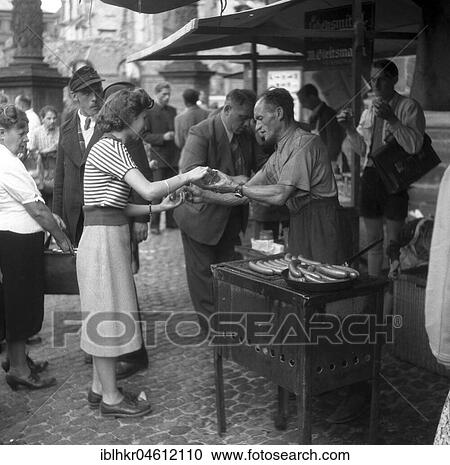 Bockwurst, sausage salesman on a street in Freiburg, Freiburger Münstermarkt, approx. 1945 to 1955, Freiburg, Germany, Europe View Large Photo Image Stock Image - Bockwurst, sausage salesman on a street in Freiburg, Freiburger Münstermarkt, approx. 1945 to 1955, Freiburg, Germany, Europe. Fotosearch
