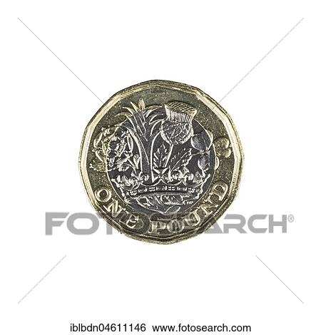 Stock Photograph - British one pound sterling coin with four national symbols of England, Scotland, Wales and Northern Ireland, Great Britain. Fotosearch