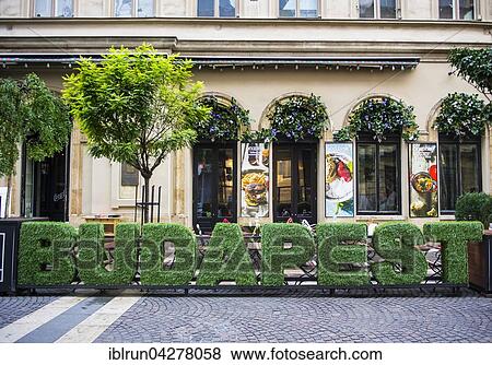 Stock Photo - Budapest sign made of plants, restaurant, Budapest, Hungary, Europe. Fotosearch