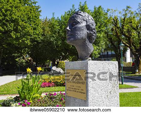 Stock Image - Bust of Helene Thimig-Reinhardt at the lake promenade, chamber actress, Strobl am Wolfgangsee, Salzkammergut, Upper Austria, Austria, Europe. Fotosearch