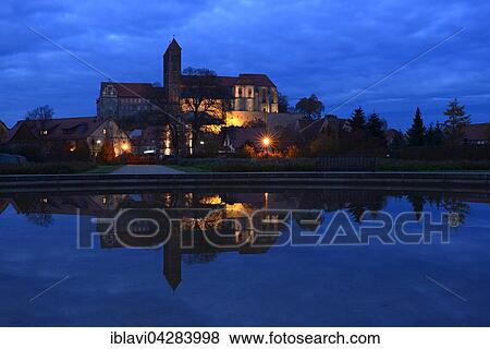 Castle hill with collegiate church of St. Servatius, reflection, evening, UNESCO, Quedlinburg, Saxony-Anhalt, Germany, Europe View Large Photo Image Stock Photo - Castle hill with collegiate church of St. Servatius, reflection, evening, UNESCO, Quedlinburg, Saxony-Anhalt, Germany, Europe. Fotosearch