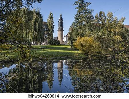 Picture - Castle tower reflected in the Ilm, UNESCO Classical Weimar, Park an der Ilm, Weimar, Thuringia, Germany, Europe. Fotosearch