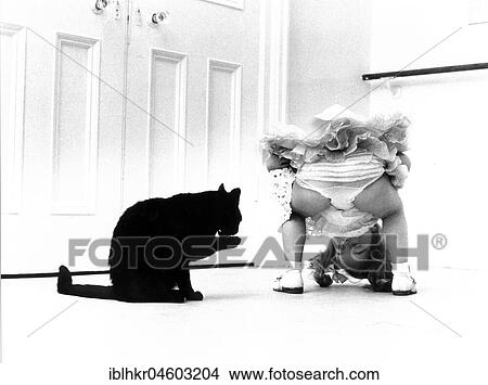 Picture - Cat and little girl, England, Great Britain. Fotosearch