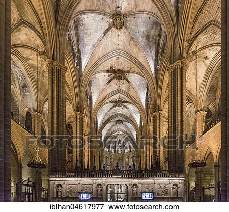 Stock Photo - Church nave, Cathedral La Catedral de la Santa Creu, Barcelona, Catalonia, Spain, Europe. Fotosearch