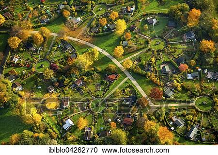Stock Image - Circular allotment gardens, allotments on Heuweg, circular divisions, autumn, Witten-Stockum, Witten, Ruhr district, North Rhine-Westphalia, Germany, Europe. Fotosearch