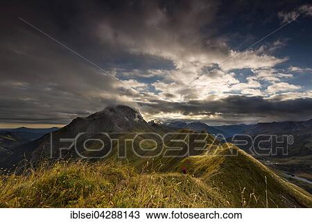Stock Image - Climber on grassy summit ridge, Allgau Alps, Warth, Vorarlberg, Austria, Europe. Fotosearch