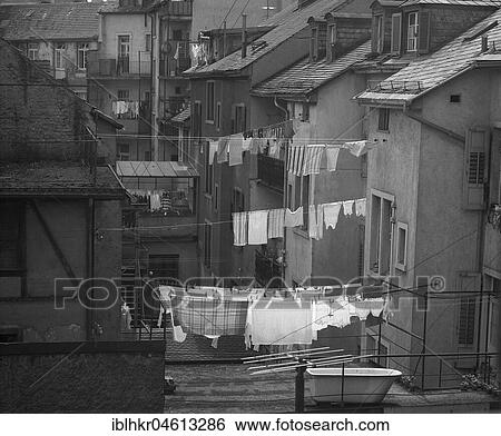 Stock Photograph - Clothes lines in the city centre of Freiburg, ca. 1945 to 1955, Freiburg, Germany, Europe. Fotosearch