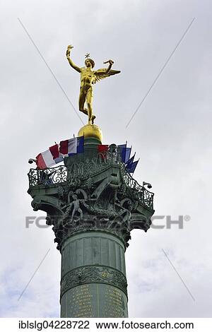 Stock Image - Colonne de Juillet or July Column with National Flag, memorial column for the victims of the July Revolution in 1830, Paris, Ile de France, France, Europe. Fotosearch
