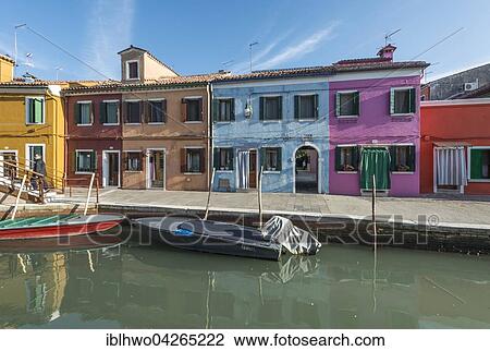 Stock Image - Colorful houses on the Rio Terra Nova, Burano, Venice, Veneto, Italy, Europe. Fotosearch