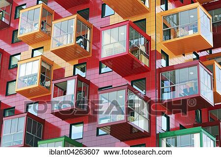 Stock Photo - Colorful residential tower, Ting 1, with balconies and colourful facades, detail, architect Gert Wingardh, Ornskoldsvik, Vasternorrland County, Angermanlan Province, Sweden, Europe. Fotosearch