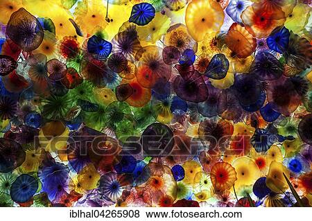 Colourful Hand Blown Glass Flowers Lobby Ceiling In