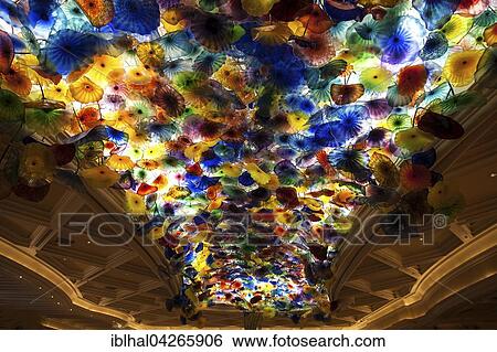 Colourful Hand Blown Glass Flowers Lobby Ceiling In Bellagio