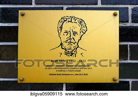 Stock Photography - Commemorative plaque of the spa stay of the German adventure writer Karl May in the radium spa Joachimsthal in spring 1911, Jachymov, Bohemian Ore Mountains, UNESCO World Heritage Site, Ore Mountain Region, Czech Republic, Europe. Fotosearch