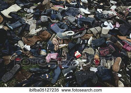 Stock Photography - Delivery of old shoes for the inmates of Camp Moria, Lesbos, Greece, Europe. Fotosearch