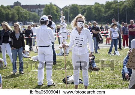 Stock Image - Demonstration against corona measures on 16 May 2020 at Theresienwiese, Munich, Bavaria, Germany, Europe. Fotosearch
